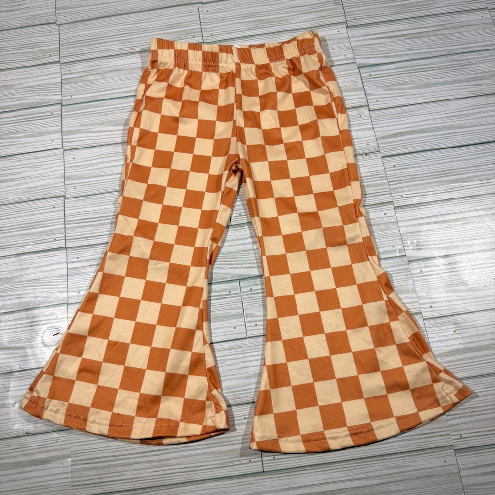 Daisy Del Sol Kids 3T Checkered Bell Bottom Pants Orange Cream Flare Retro Boho